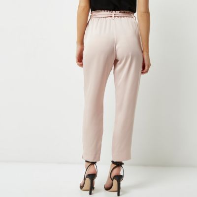 Petite nude tie waist tapered trousers